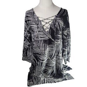 J Valdi Women Black & White Floral Tropical Abstract Rayon Tunic Shirt Size L